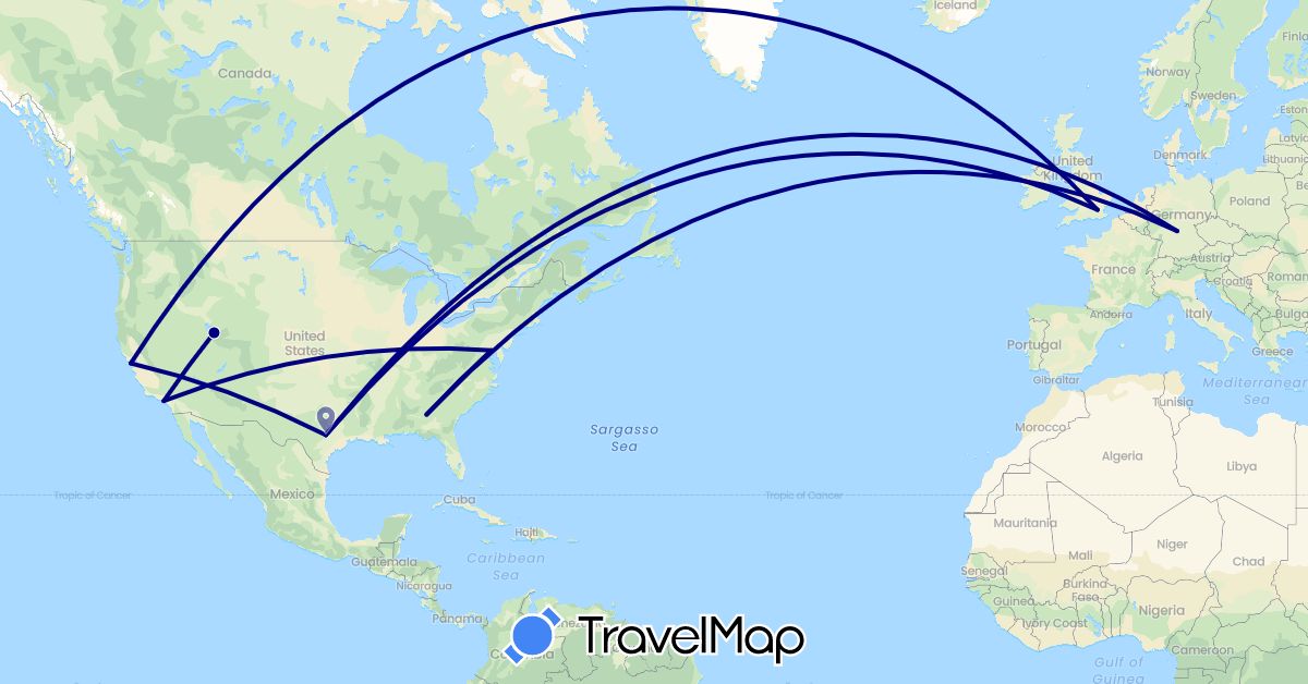 TravelMap itinerary: driving in Germany, United Kingdom, United States (Europe, North America)